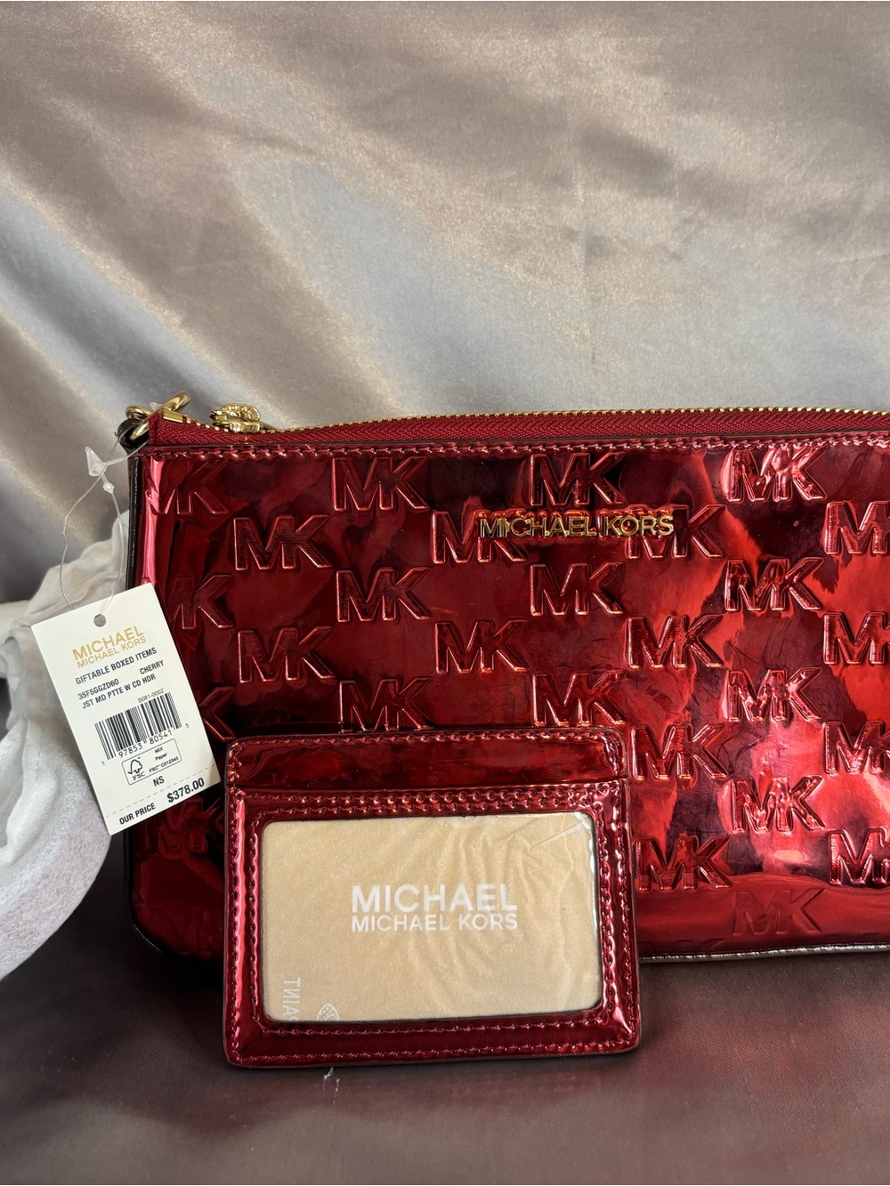 Michael Kors Red Metallic MK Embossed Chain Purse with Card Case